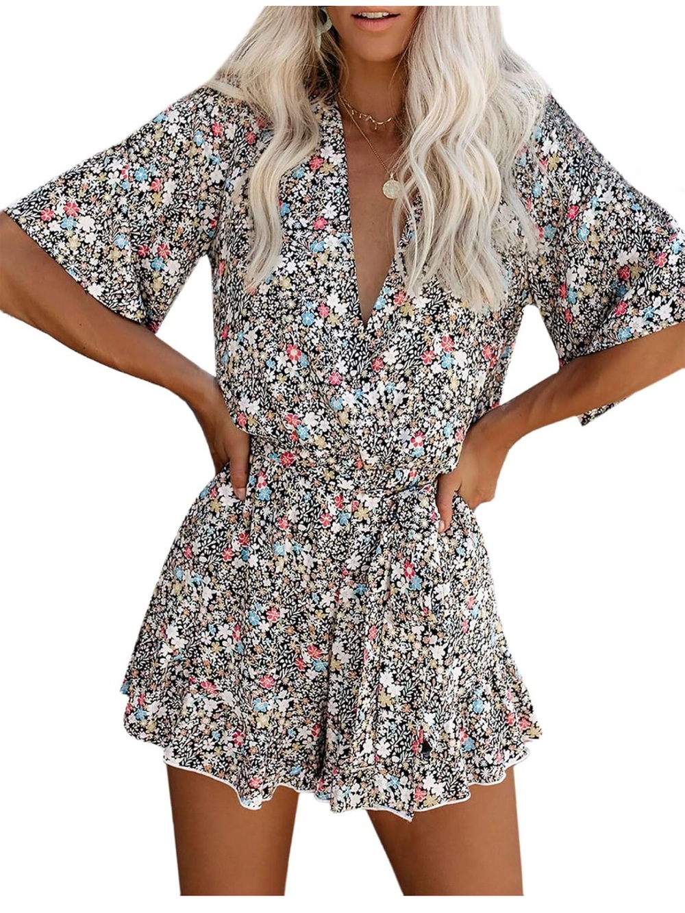 Floral Wrap Dress with Tie Waist - Black Floral